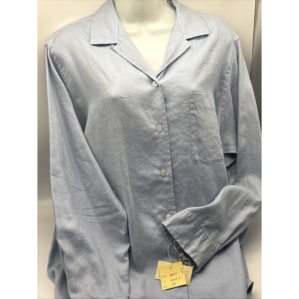 Anne Klein Women Blue Linen Long Sleeve Button-Down Shirt V Neck Size 12 NWT - Picture 6 of 15